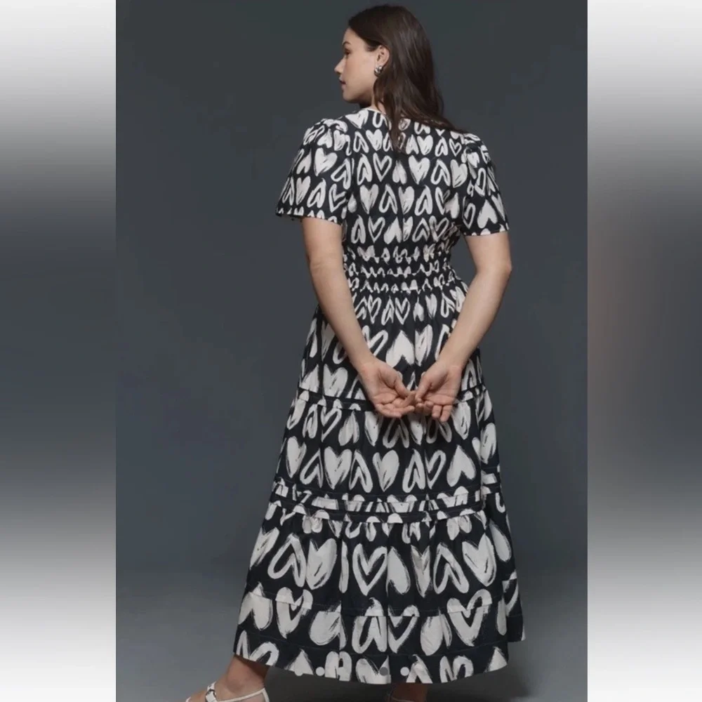 Anthropologie The Somerset Maxi Dress Smocked Heart Edition Poplin Black White - Picture 5 of 7